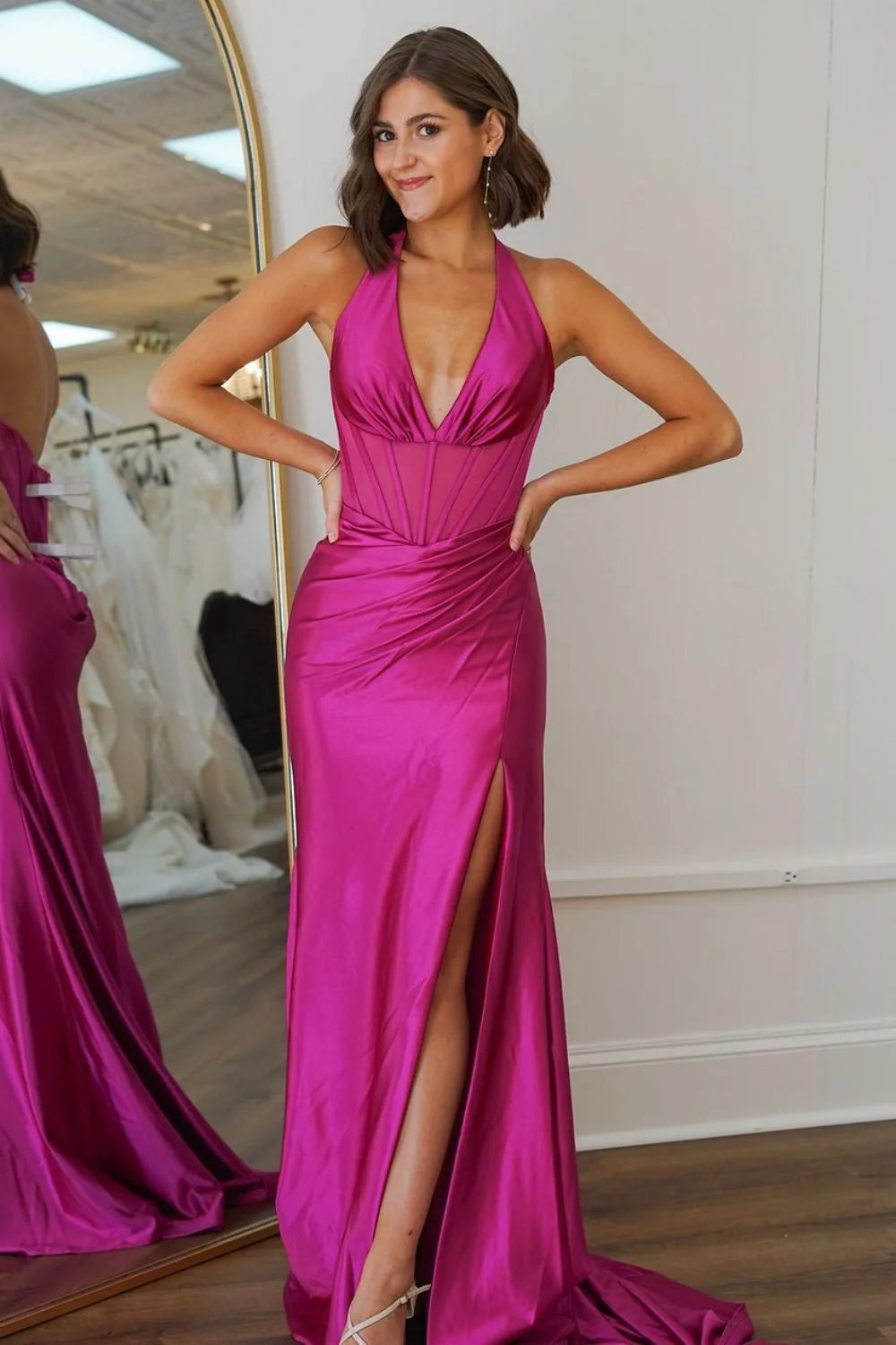 Hot Pink Mermaid Halter Neck Backless Long Satin Prom Dress